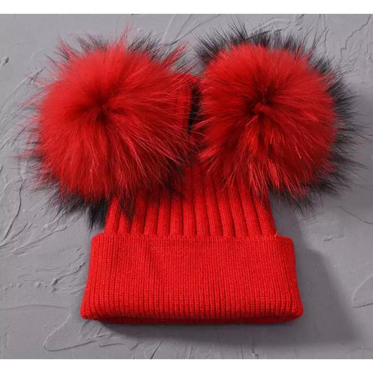 Red Fur Double Pom Hat