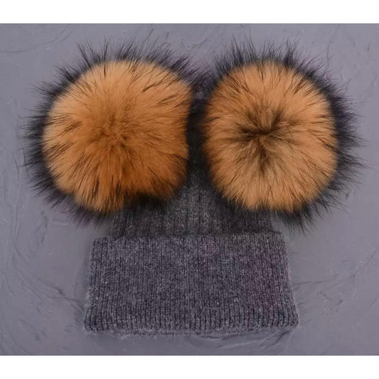 Dark Grey Hat With Tan Double Pom