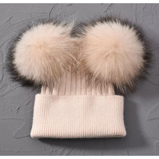 Cream Fur Double Pom Hat
