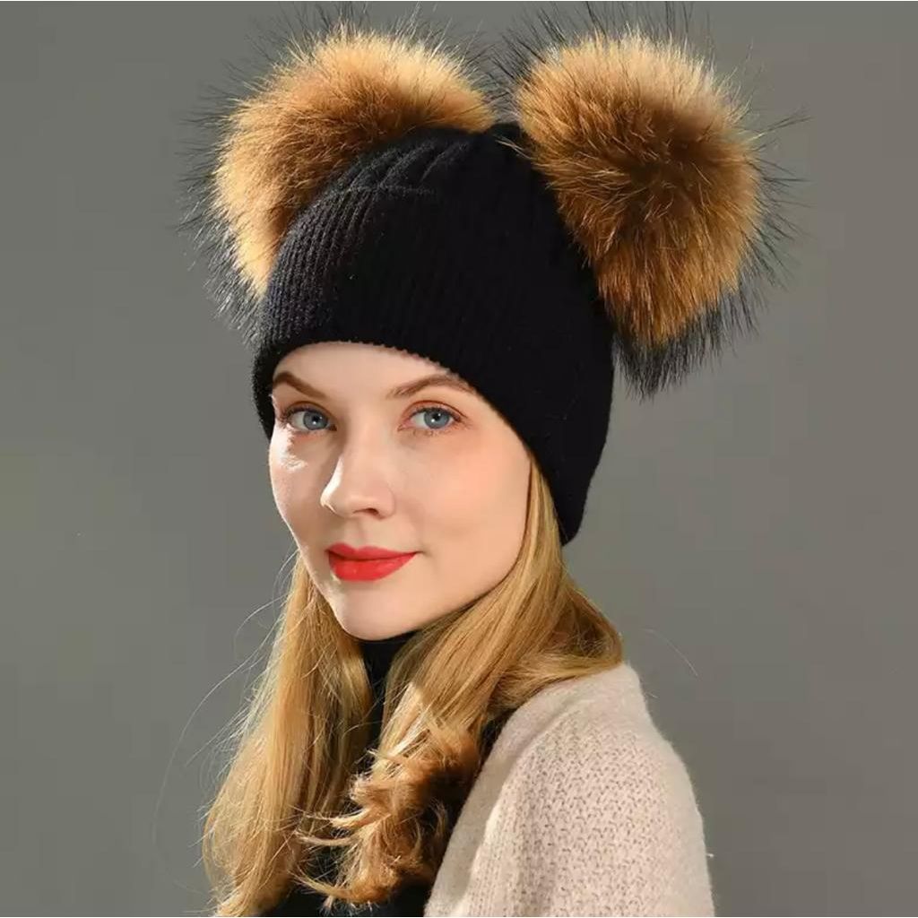 Black Hat with Tan Fur Double Pom