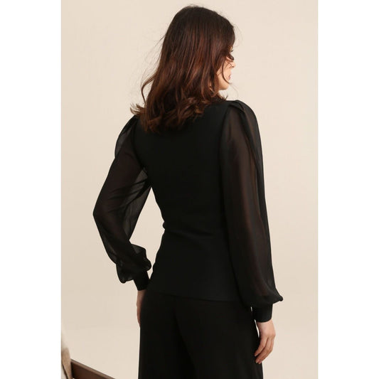 Black Bodycon Bandage Top with Gold Zip and Sheer Sleeves