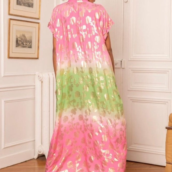 Last Queen Tie-Dye Pink&Green Gold Foil Flowers Maxi  Dress