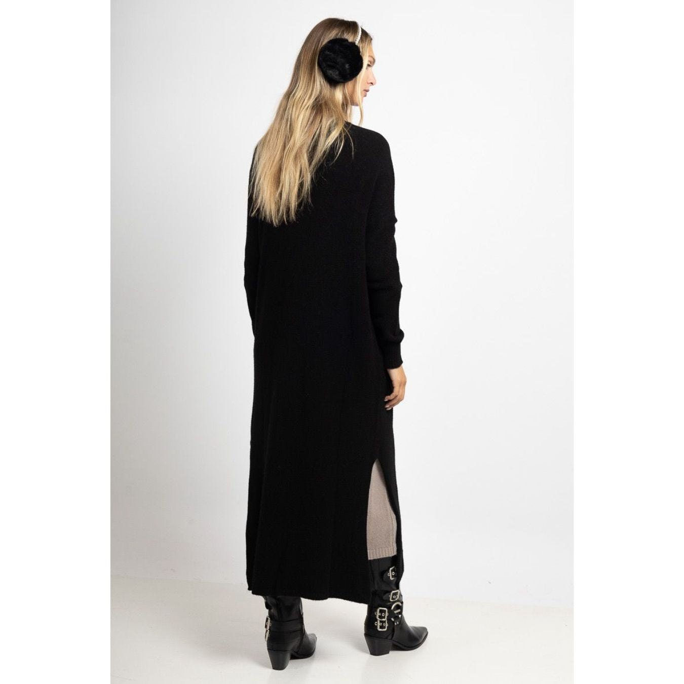 Yasmin Open Long Cardigan Black with Side Split