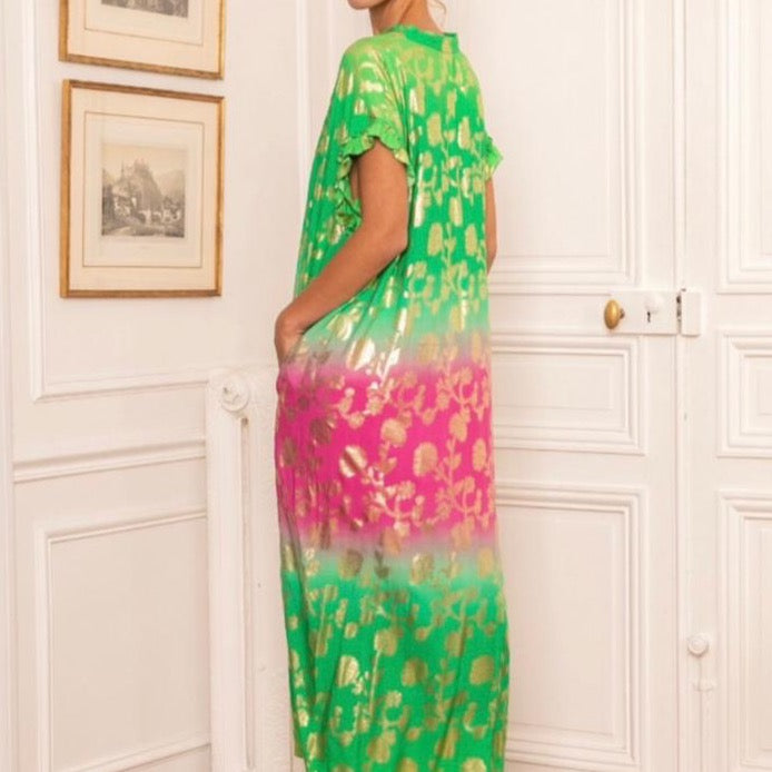 Last Queen Tie-Dye Green & Pink Golden Flowers Dress