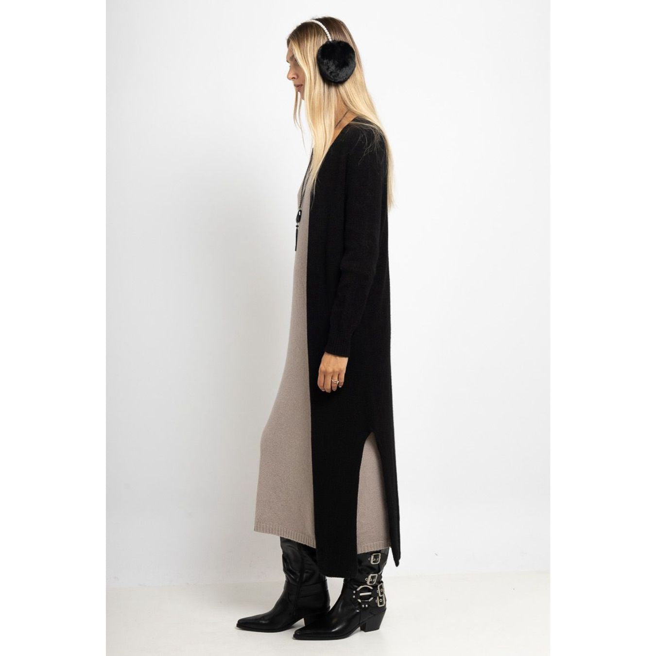 Yasmin Open Long Cardigan Black with Side Split