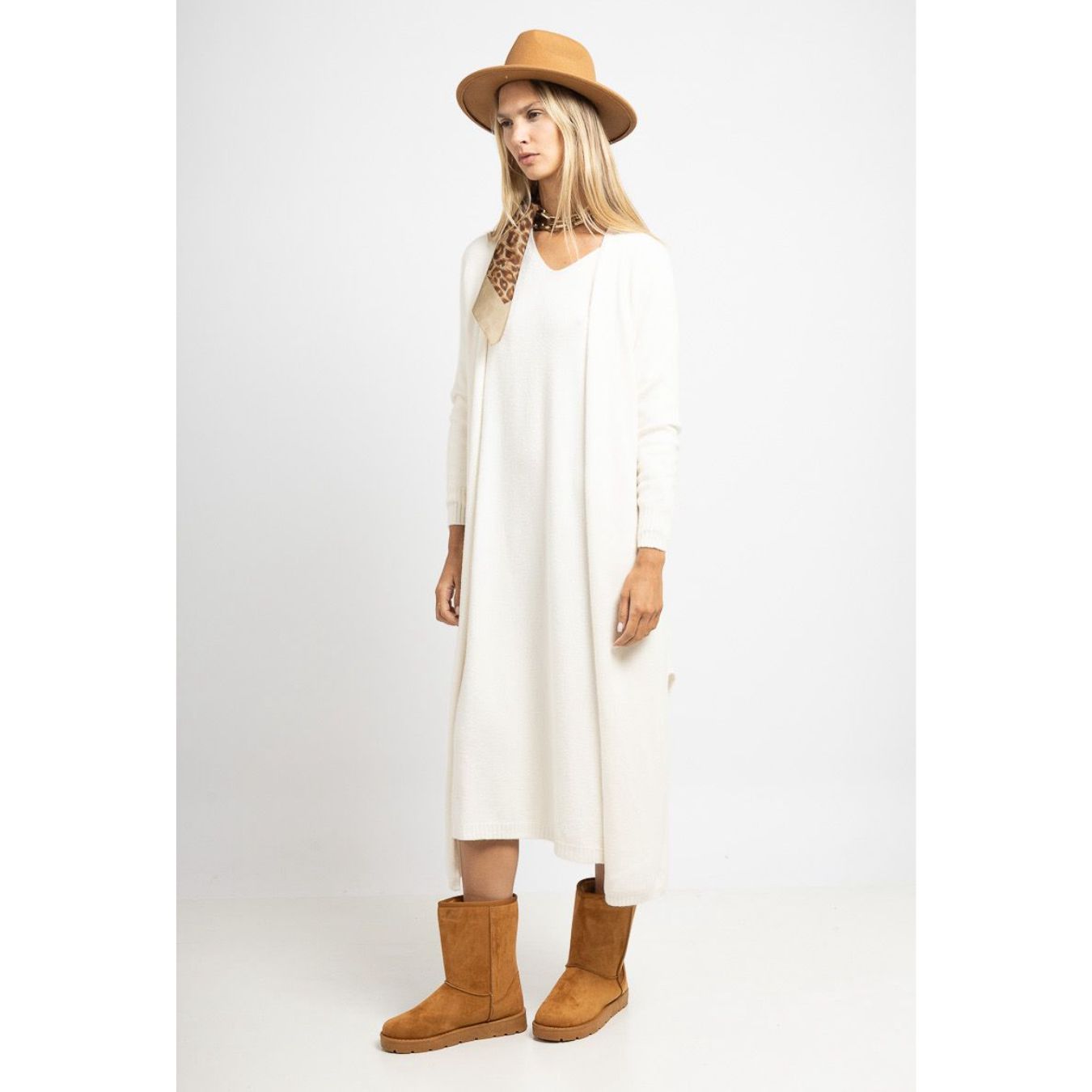 Yasmin Open Long Cardigan Cream with Side Splits