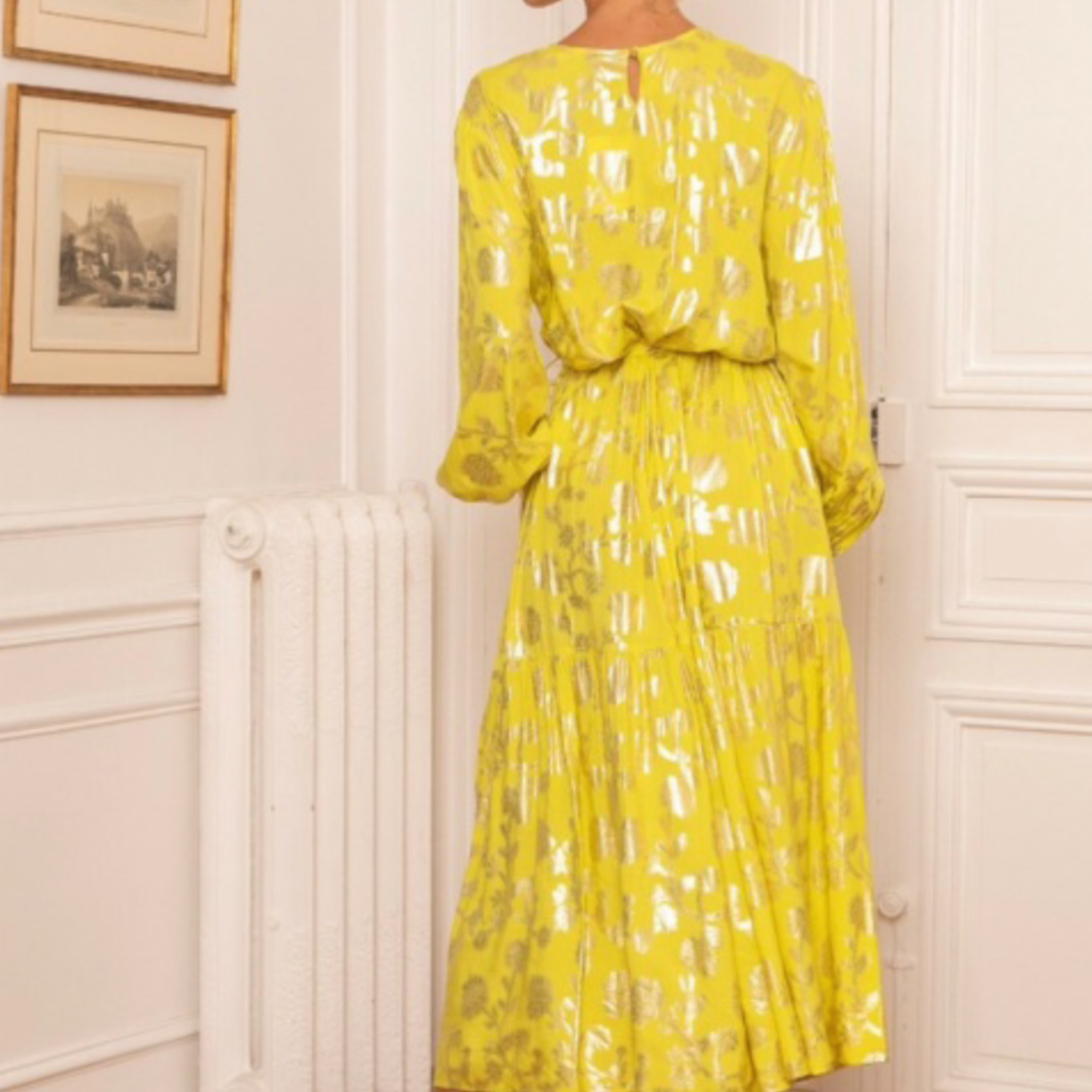 Last Queen Yellow Gold Foil  Flowers Maxi Dress