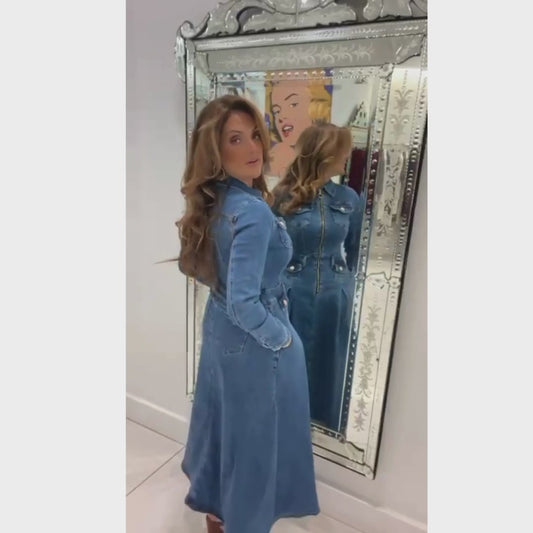 Denim Blue Zip Front Midi/Maxi Dress with Gold Buttons