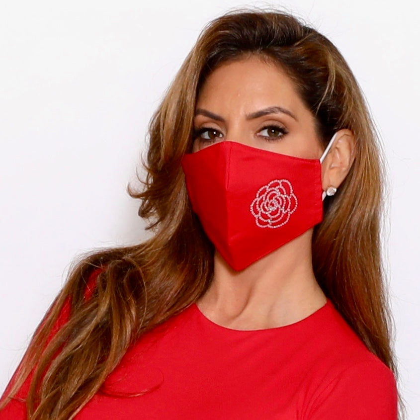 Red Small Flower Diamante Embellishment Face Mask