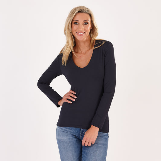 Navy Sylvia V Neck Long Sleeved Top