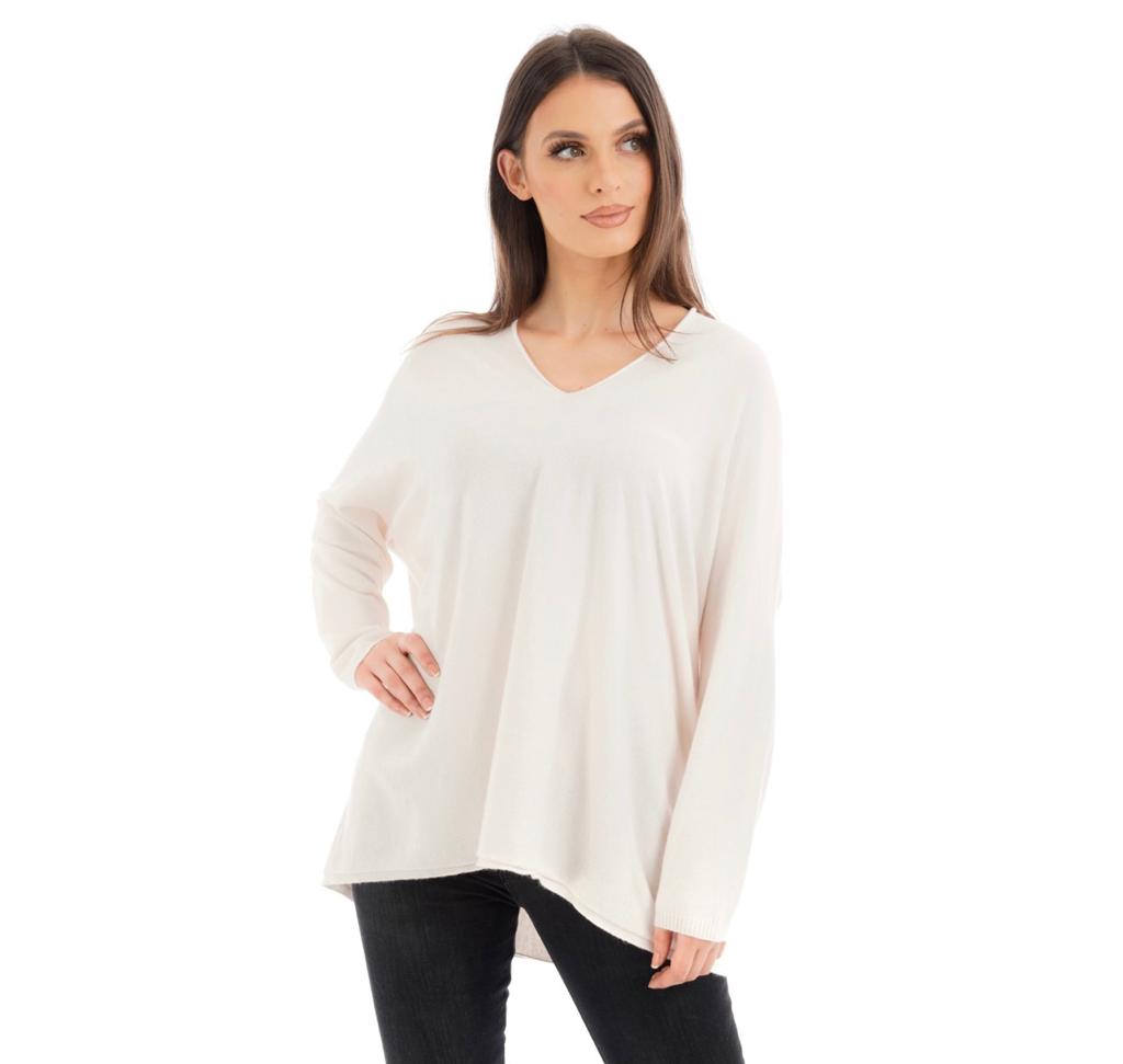 V Neck Long Jumper Cream