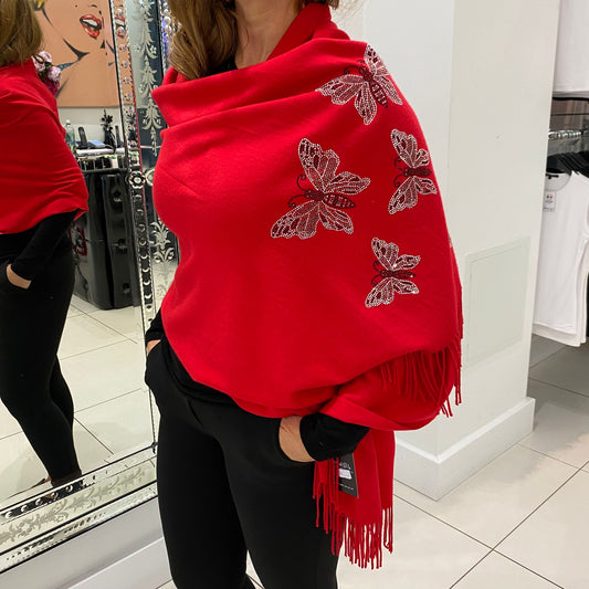 Red Butterfly Embellished Scarf