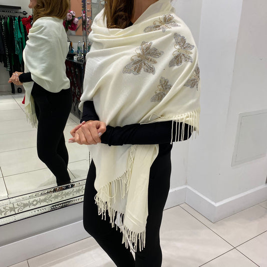 Cream Butterfly Embellished Scarf