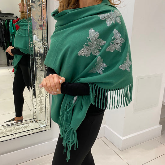 Green Butterfly Embellished Scarf