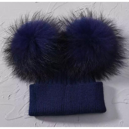 Navy Fur Double Pom Hat