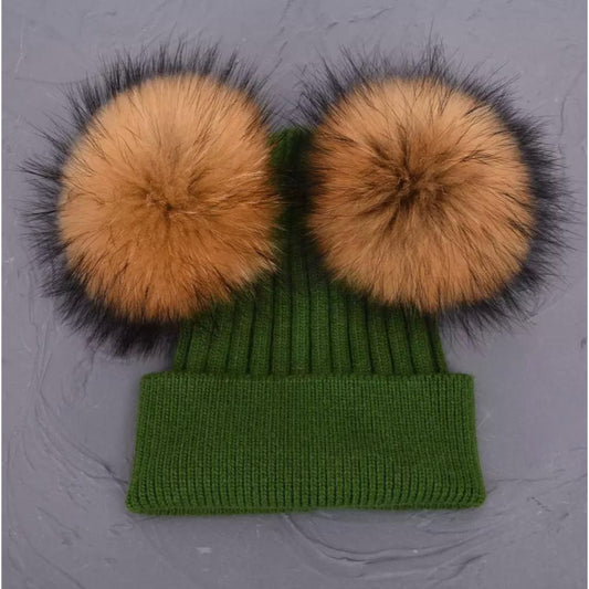 Green Hat With Tan Double Pom