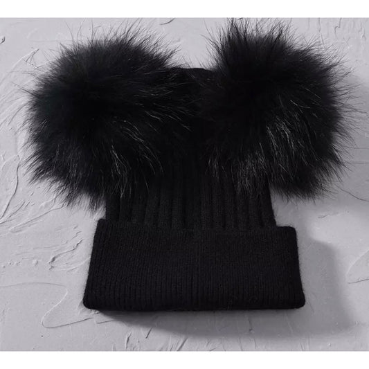 Black Fur Double Pom Hat