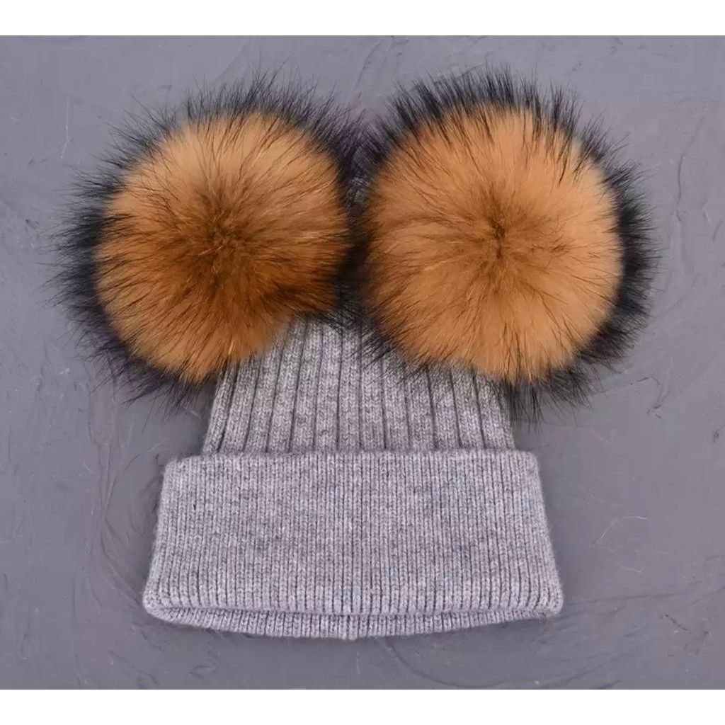 Light Grey Hat With Tan Double Pom
