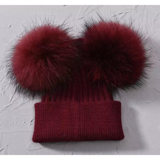 Burgundy Fur Double Pom Hat