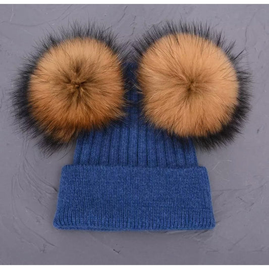 Blue Hat With Tan Double Pom