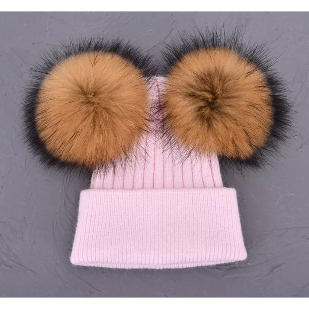 Baby Pink Hat With Tan Double Pom