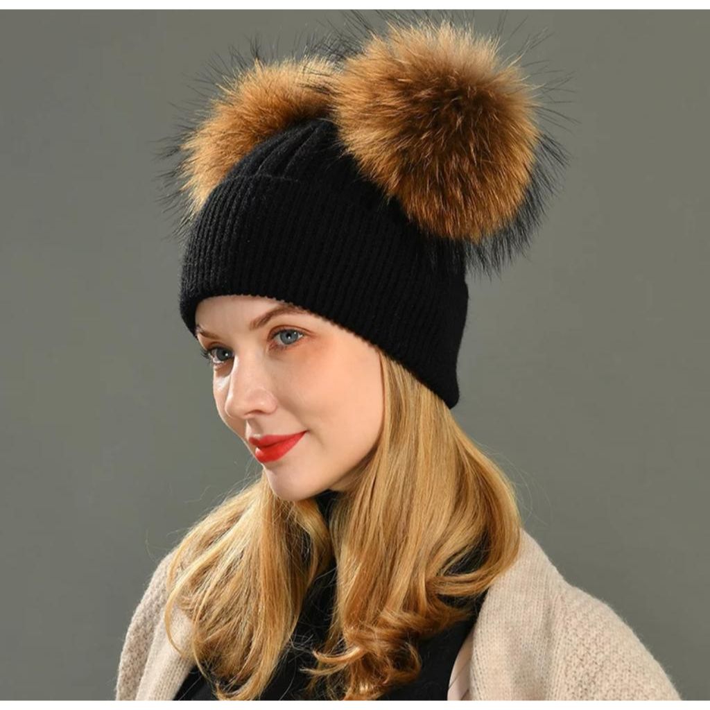 Black Hat with Tan Fur Double Pom